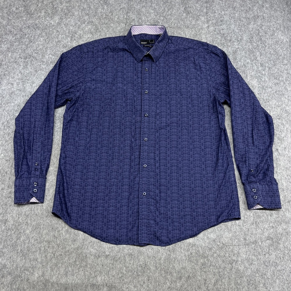 QUIETI Shirt Mens XL Blue Purple Geometric Jacquard Long Sleeve Fine Cotton Prep